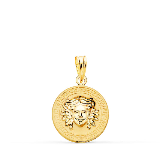Medalla Medusa en Brillo con Borde de Greca Matizada 15 mm de oro amarillo 18K
