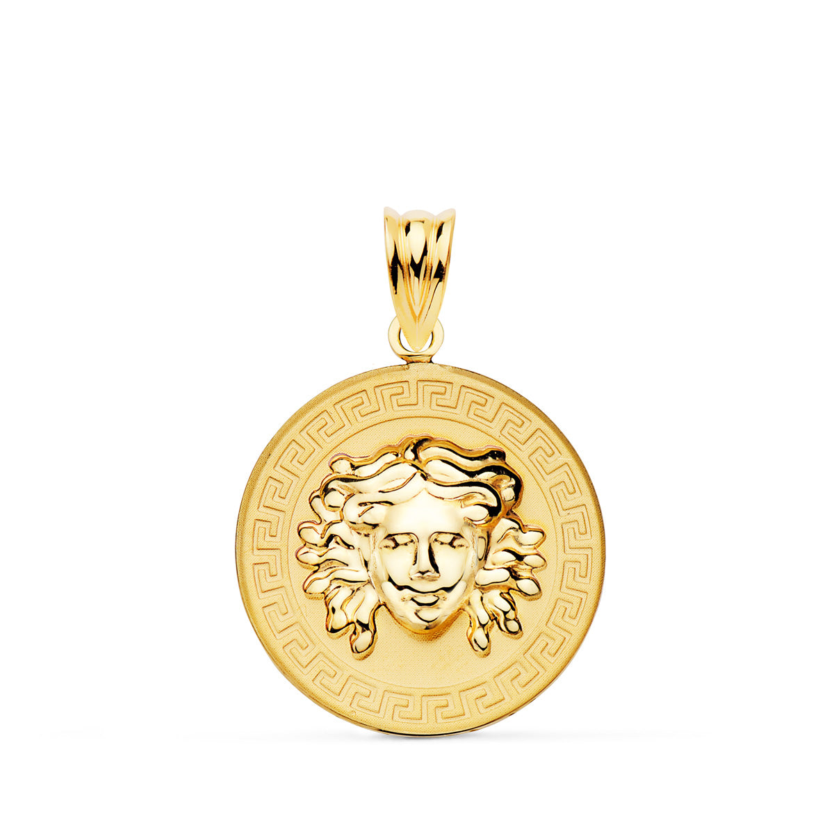 18K MEDALLA ORO AMARILLO MEDUSA EN BRILLO CON BORDE DE GRECA MATIZADA 20 MM