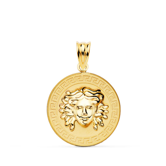 Medalla Medusa en Brillo con Borde de Greca Matizada 20 mm de oro amarillo 18K