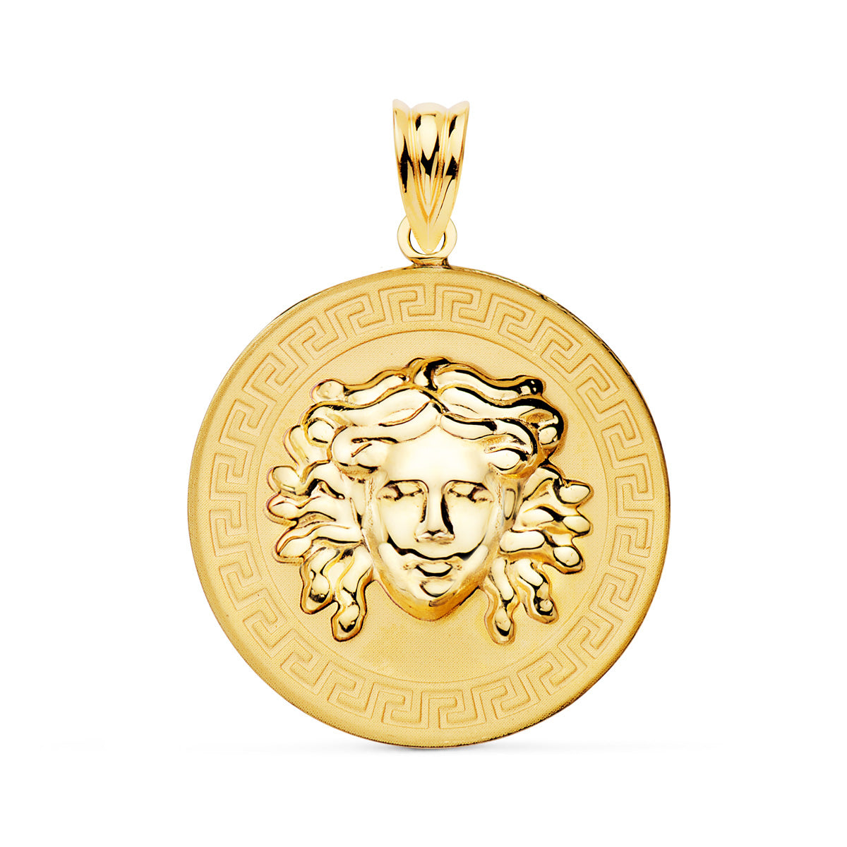 Medalla Medusa en Brillo con Borde de Greca Matizada 25 mm de oro amarillo 18K