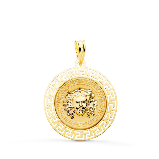 Medalla Medusa con Borde Calada y Greca Matizada 20 mm de oro amarillo 18K