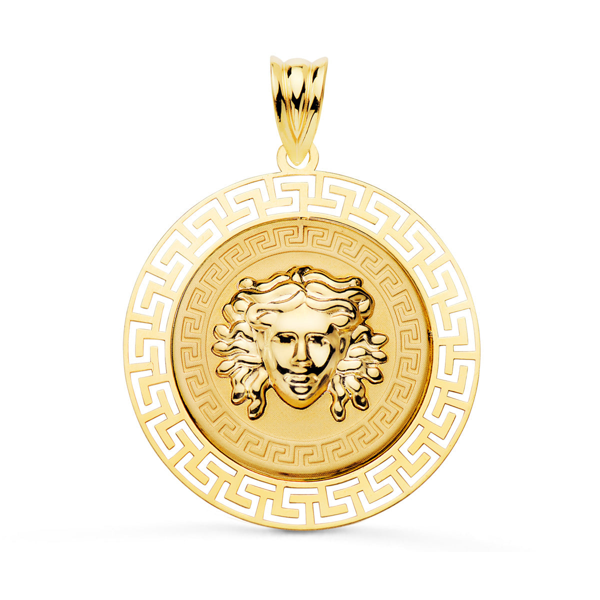 Medalla Medusa con Borde Calada y Greca Matizada 27 mm de oro amarillo 18K