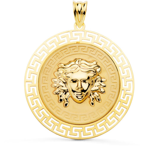 18K MEDALLA ORO AMARILLO MEDUSA CON BORDE CALADA Y GRECA MATIZADA 33 MM