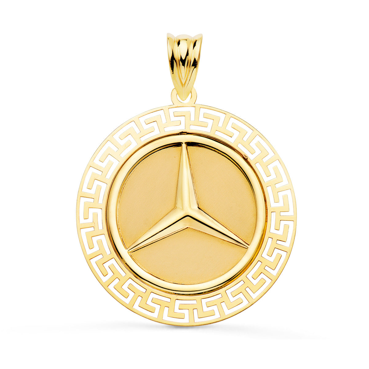 18K MEDALLA ORO AMARILLO ESTRELLA TRES PUNTAS CON BORDE DE GRECA CALADA. 27 MM