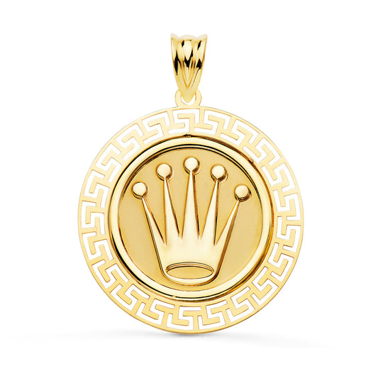 Medalla Corona con Borde de Greca Calada. 27 mm de oro amarillo 18K