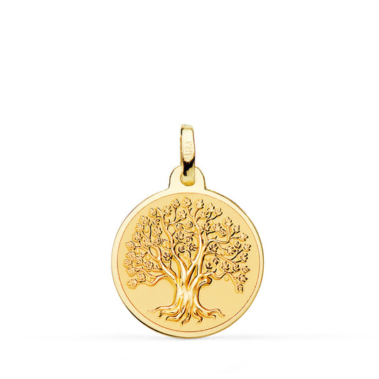 Medalla Arbol de la Vida en Brillo y Fondo Matizado 18 mm de oro amarillo 18K