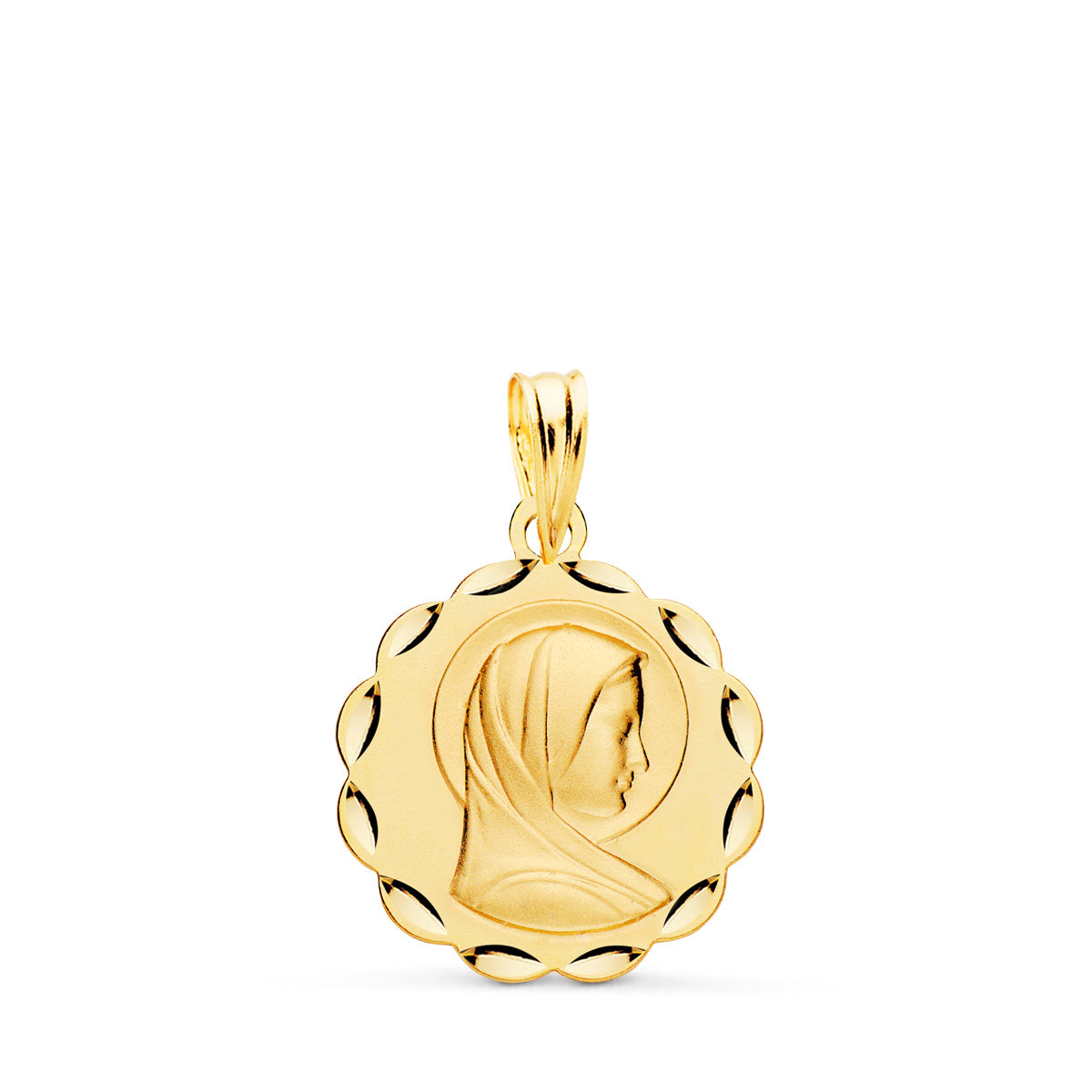 Medalla Virgen Maria Matizada y Tallada 17 mm de oro amarillo 18K