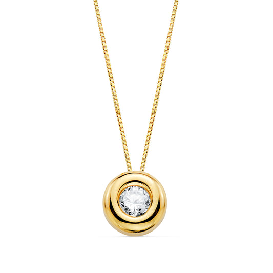 18K GARGANTILLA ORO AMARILLO CHATON 7MM DIAMANTE 3.40MM 0,150 QTS. G-VS2. CADENA 42CM