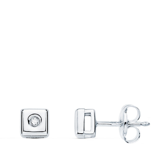 18K PENDIENTES CHATON ORO BLANCO CUADRADO DIAMANTES LABORATORIO 0,030 QTS. G-VS2 CIERRE PRESION 5 MM