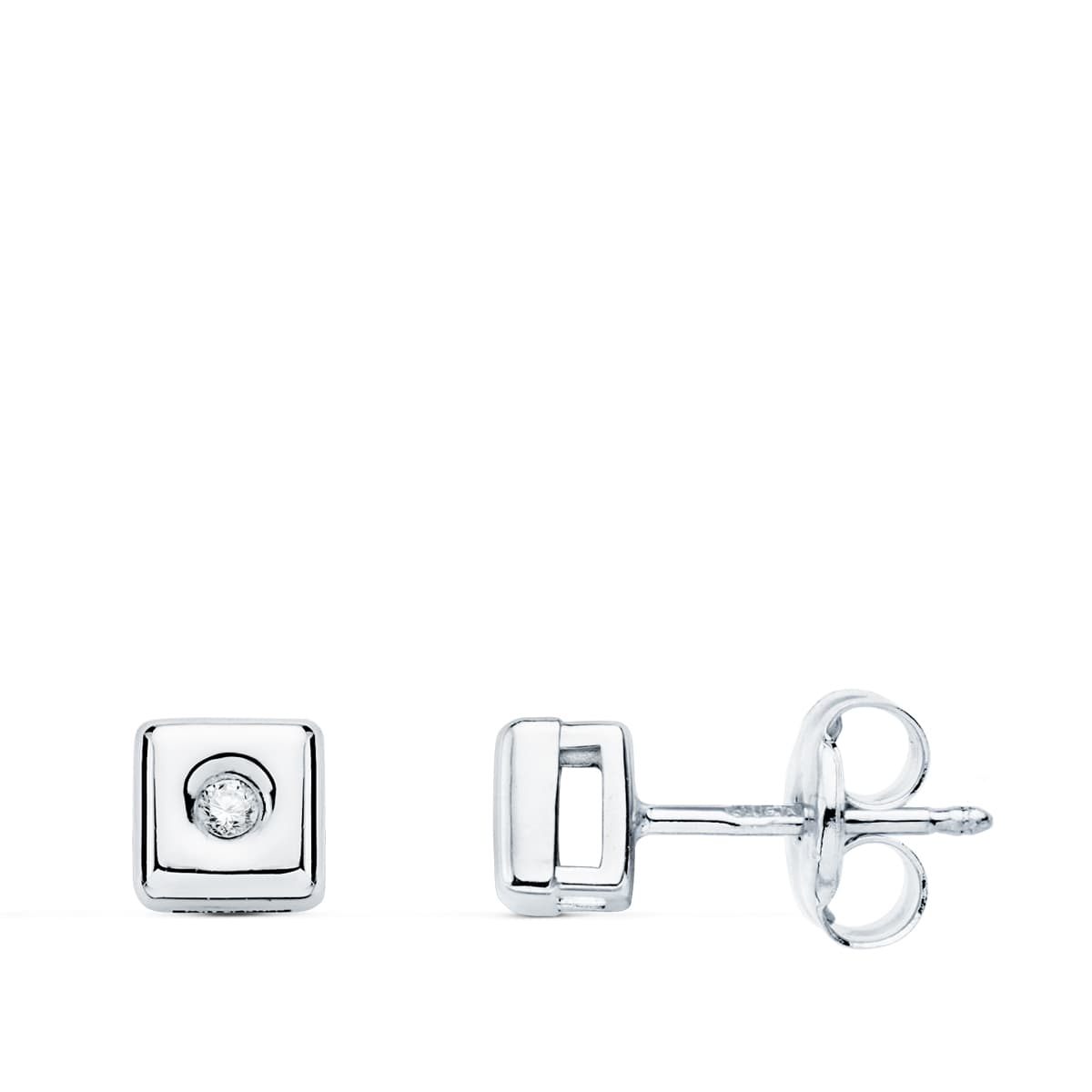 18K PENDIENTES CHATON ORO BLANCO CUADRADO DIAMANTES LABORATORIO 0,030 QTS. G-VS2 CIERRE PRESION 5 MM