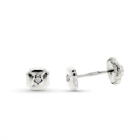 9K PENDIIENTES ORO BLANCO TREBOL DIAMANTES 0.03 CTS SI-H 4 MM TUERCA