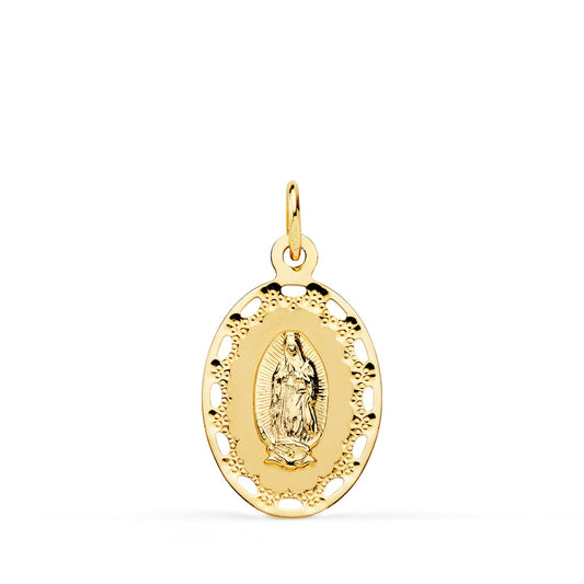 Medalla Virgen de Guadalupe Cerco Calado 23 x 14 mm de oro amarillo 18K