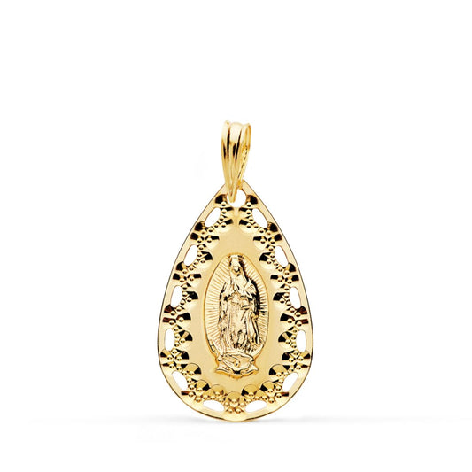 Medalla Virgen de Guadalupe Cerco Calado y Tallado 22 x 14 mm de oro amarillo 18K