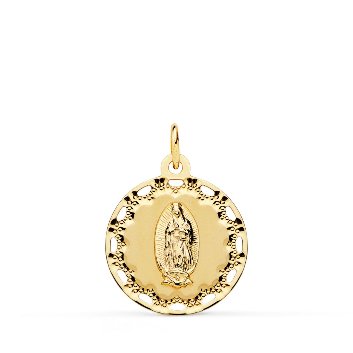 18K MEDALLA ORO AMARILLO VIRGEN DE GUADALUPE CERCO CALADO Y TALLADO 18 MM