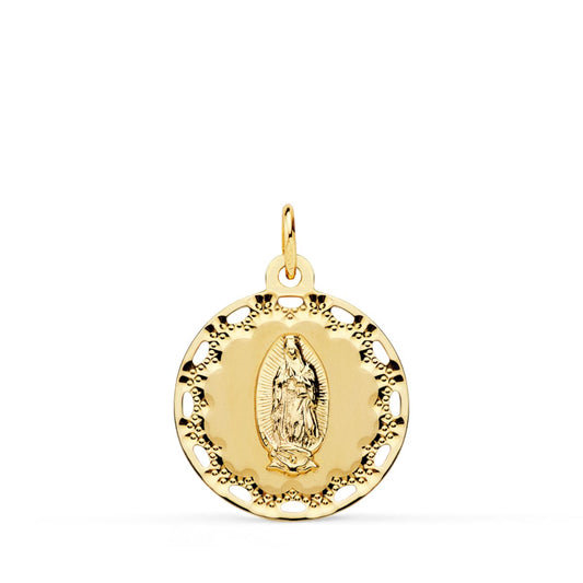 18K MEDALLA ORO AMARILLO VIRGEN DE GUADALUPE CERCO CALADO Y TALLADO 18 MM