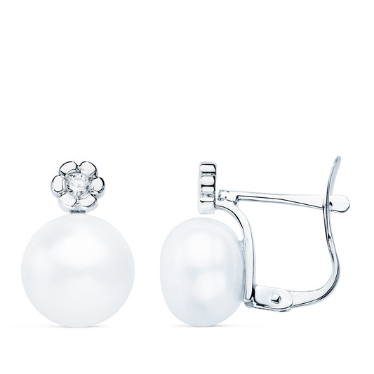 Pendientes Diamantes Laboratorio 0,06 Qts G-vs2. Perla 9 mm. Medida: 13 x 9 mm de oro blanco 18K