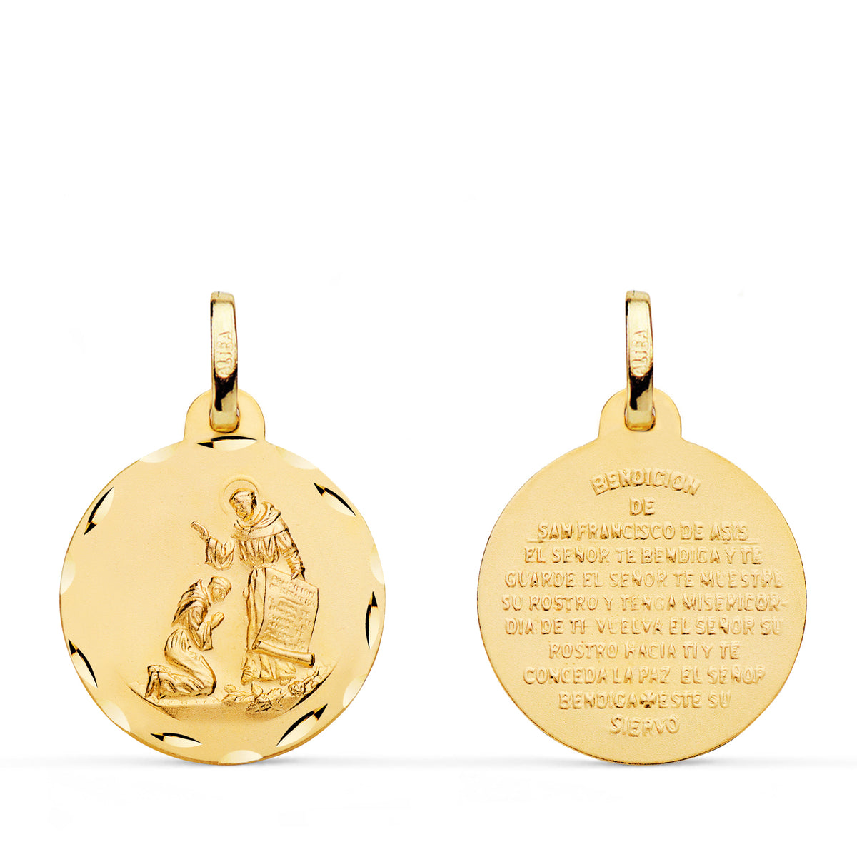 Medalla Bendicion de San Francisco Tallada. diámetro 18 mm de oro amarillo 18K