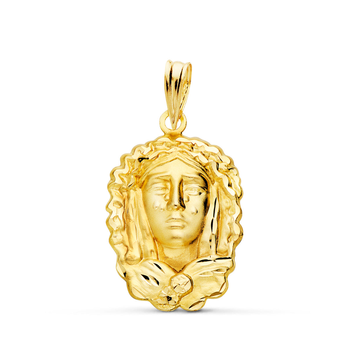 Medalla Silueta Virgen Maria de la O 22 x 15 mm Tallada de oro amarillo 18K