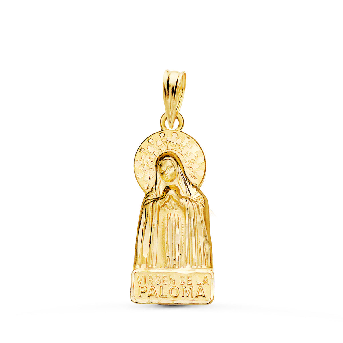 Medalla Virgen de la Paloma Silueta Tallada 27 x 12 mm de oro amarillo 18K