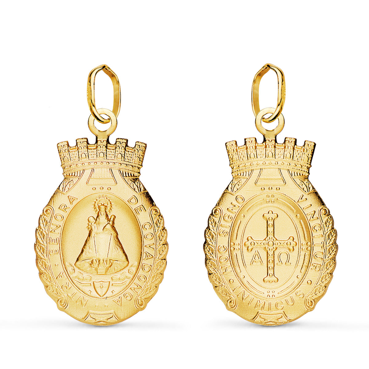 18K ESCAPULARIO ORO AMARILLO ESCUDO VIRGEN COVADONGA Y CRUZ DE LA VICTORIA 20X14 MM