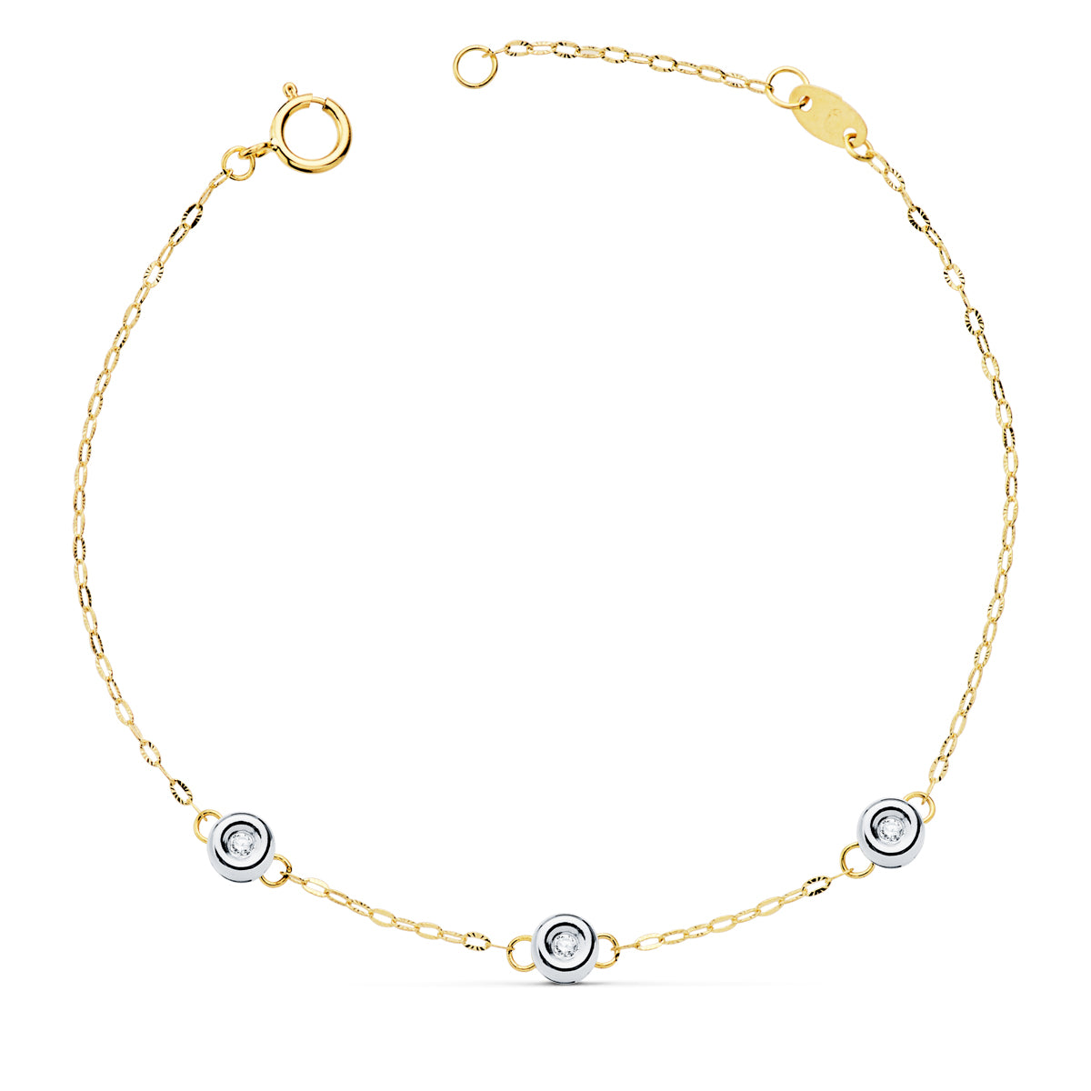 Pulsera Bicolor Cadena Forzada 3 Diamantes Laboratorio 0,045 Qts. G-vs2. Largo: 19 cm 18K