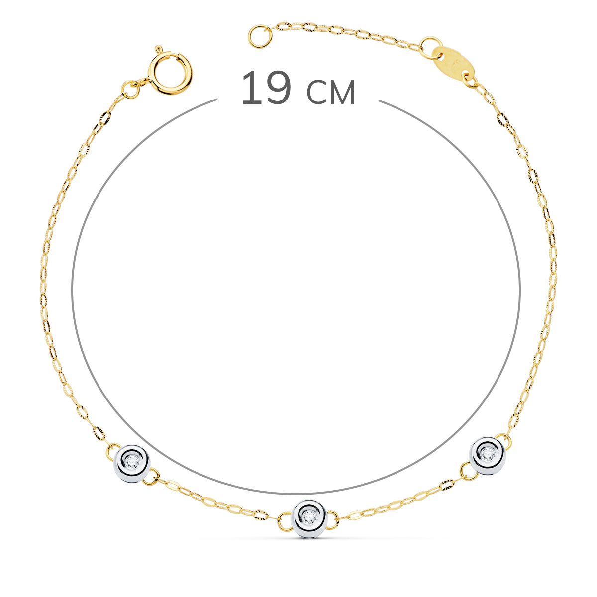 Pulsera Bicolor Cadena Forzada 3 Diamantes Laboratorio 0,045 Qts. G-vs2. Largo: 19 cm 18K