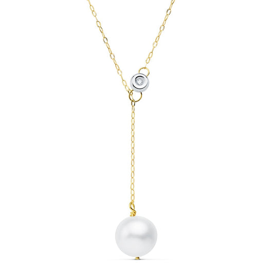 18K COLLAR ORO BICOLOR PERLA 12 MM CADENA 45CM CHATON DIAMANTE 0.020 QTS G-VS2
