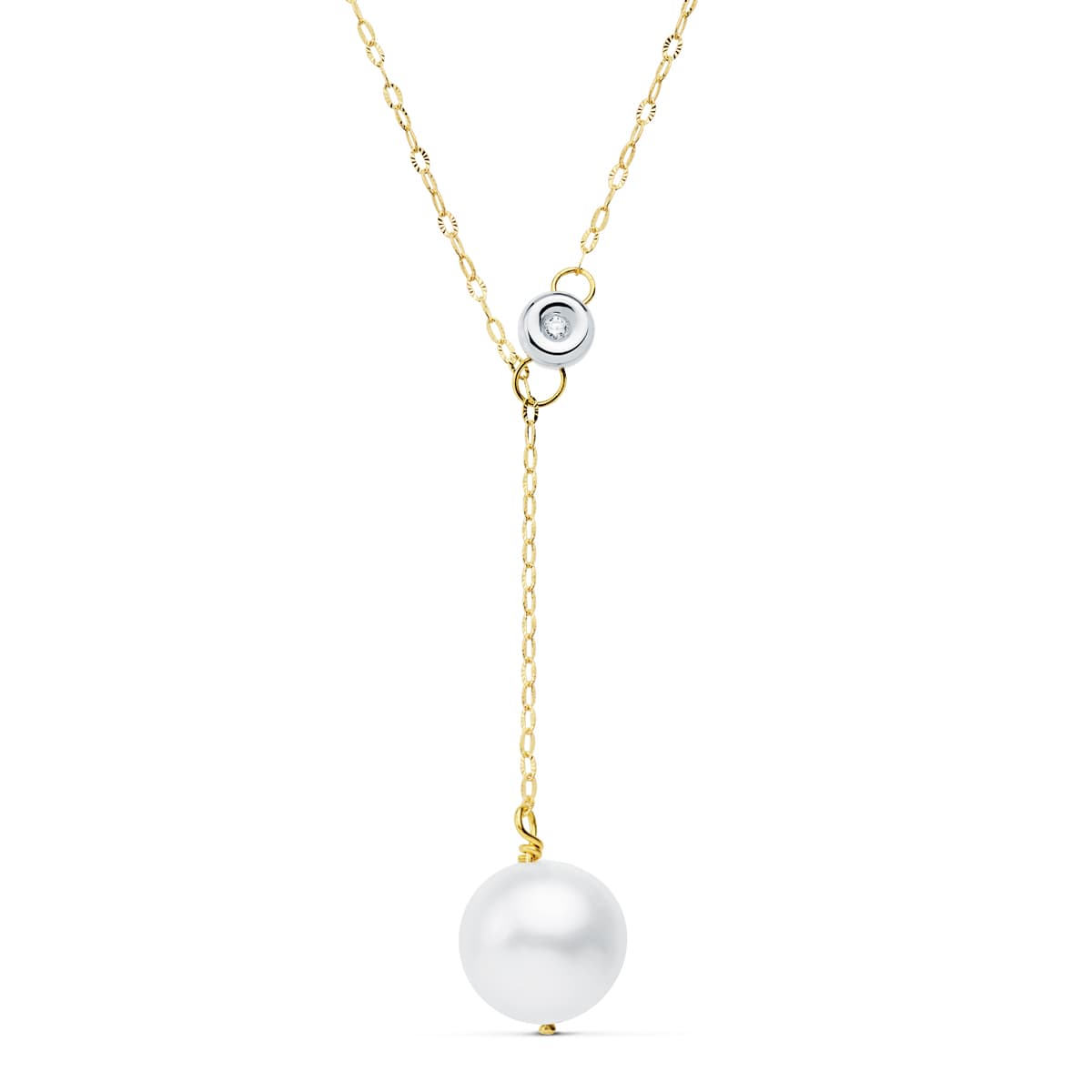 18K COLLAR ORO BICOLOR PERLA 12 MM CADENA 45CM CHATON 5MM. DIAMANTE LABORATORIO 0,020 QTS G-VS2. PERLA 11MM