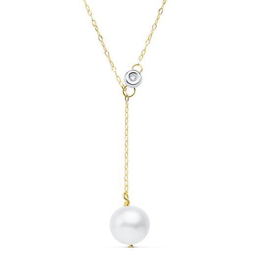 Collar Bicolor Perla 12 mm Cadena 45 cm Chaton 5 mm. Diamante Laboratorio 0,020 Qts G-vs2. Perla 11 mm 18K