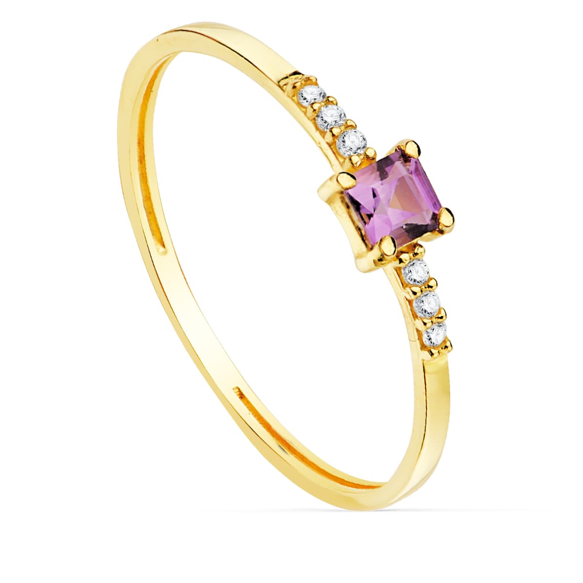 18K SORTIJA ORO AMARILLO 6 DIAMANTES 0,030QTS. G-VS2. AMATISTA 3X3MMCUERPO 1 MM