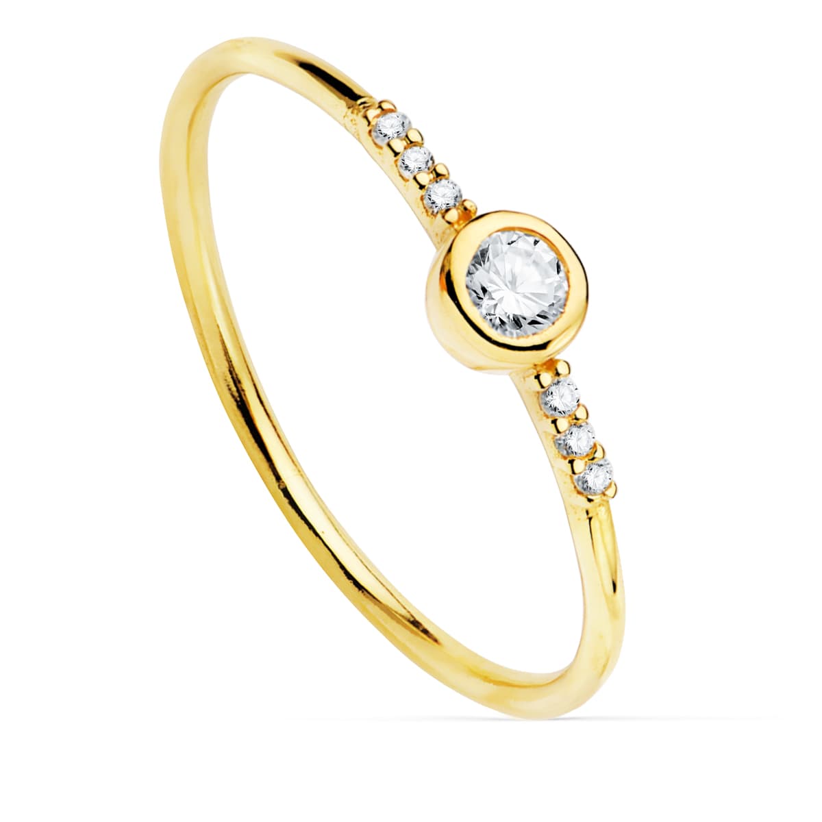 18K SORTIJA ORO AMARILLO DIAMANTES 0.140 QTS. G-VS2. DIAMANTE 3 MM Y 6 DE 1 MM