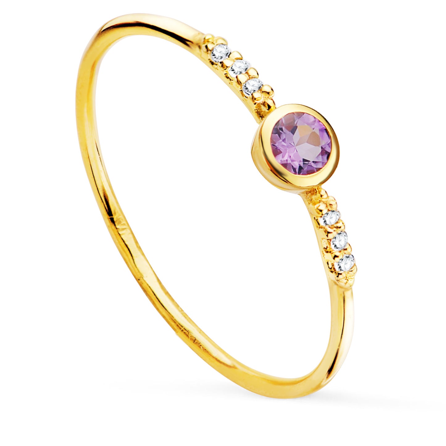 18K SORTIJA ORO AMARILLO 6 DIAMANTES DE LABORATORIO 0,030 QTS. G-VS2. AMATISTA 3 MM