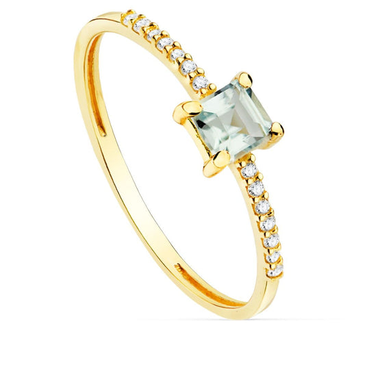 18K SORTIJA ORO AMARILLO 14 DIAMANTE 0.070 QTS. G-VS2 AGUAMARINA 4X4 MM ANCHO 1 MM