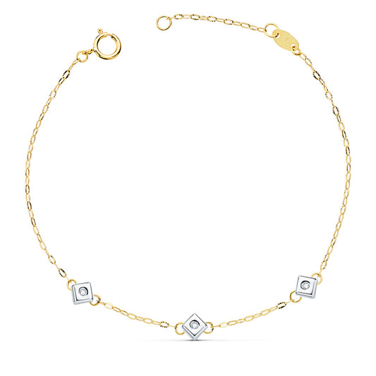 18K PULSERA ORO BICOLOR CHATON DE 3 ROMBOS CON DIAMANTES LABORATORIO 0,045 QTS. VS2-G. LARGO: 17CM