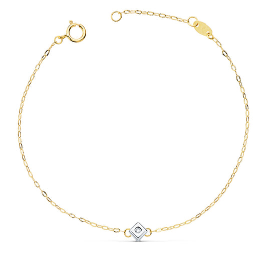18K PULSERA ORO BICOLOR CHATON DE ROMBO CON DIAMANTE LABORATORIO VS2-G 0,015 QTS. LARGO: 19CM