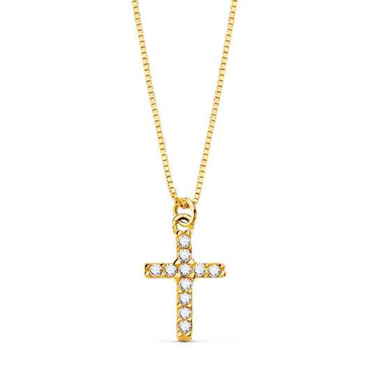 18K COLLAR ORO AMARILLO CRUZ 8.5X 6.5MM11 DIAMANTES 0.05QT.CADENA VENECIANA 45CM G-VS2