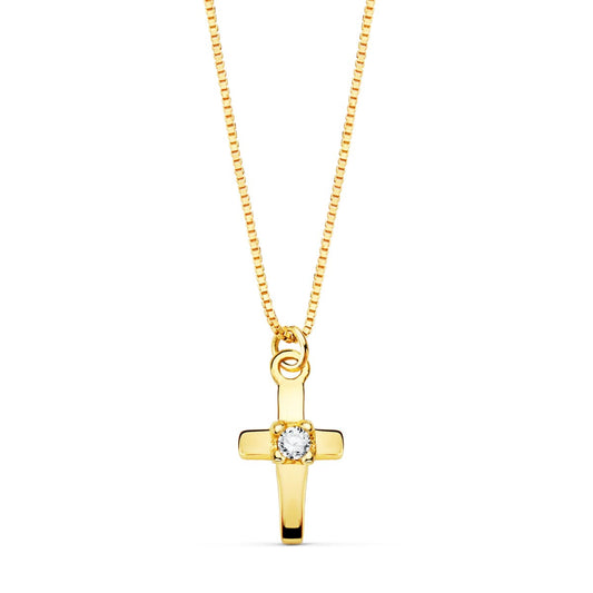 18K COLLAR ORO AMARILLO CRUZ 8X4.5MM1 DIAMANTE 0.015QT. CADENA VENECIANA 45CM G-VS2
