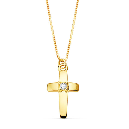 18K COLLAR ORO AMARILLO CRUZ 12X7 MM 1 DIAMANTE 0.015QT. CADENA VENECIANA 45CM G-VS2