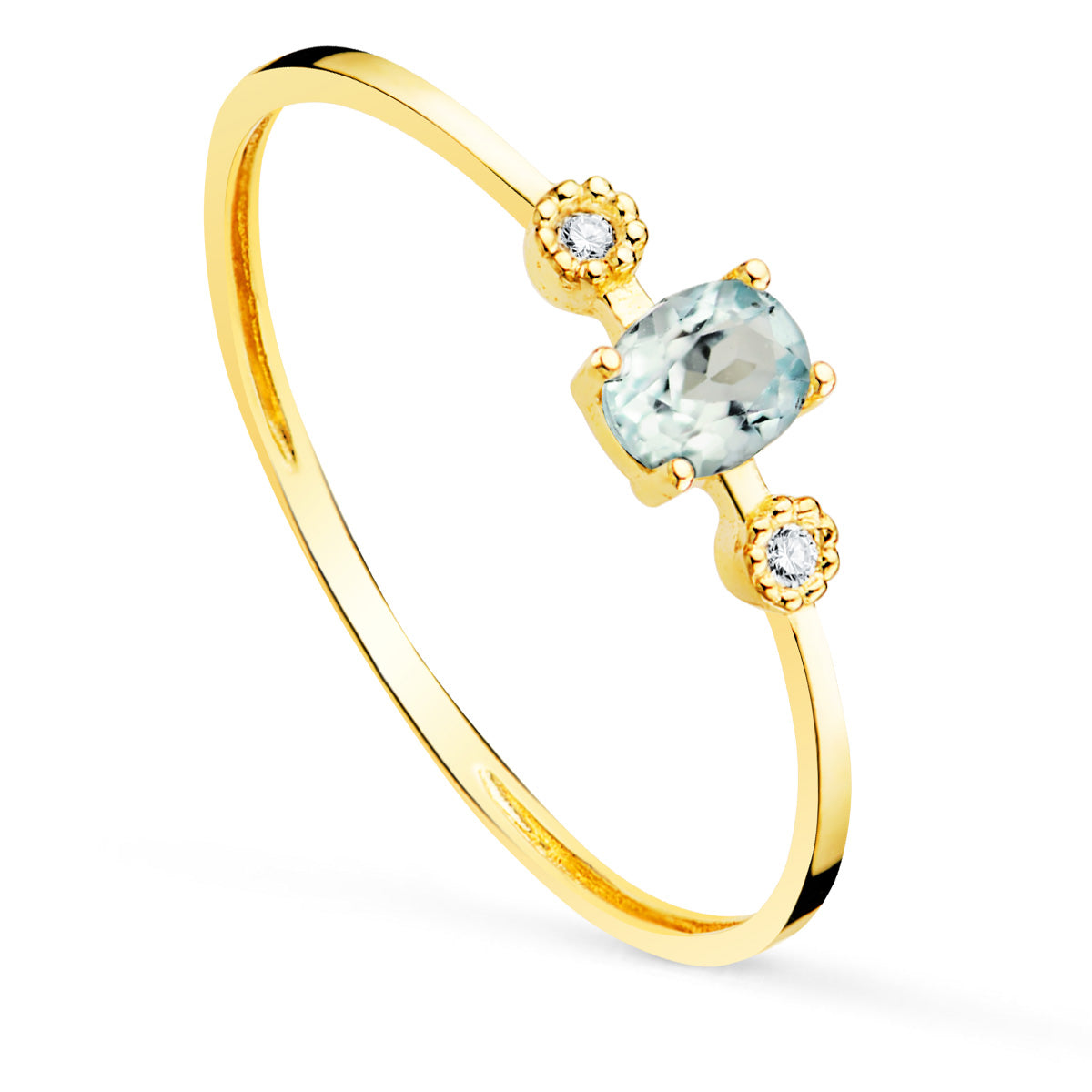 18K SORTIJA ORO AMARILLO DIAMANTES 0.016 QTS. G-VS2 AGUAMARINA 4X3MMCUERPO 1 MM