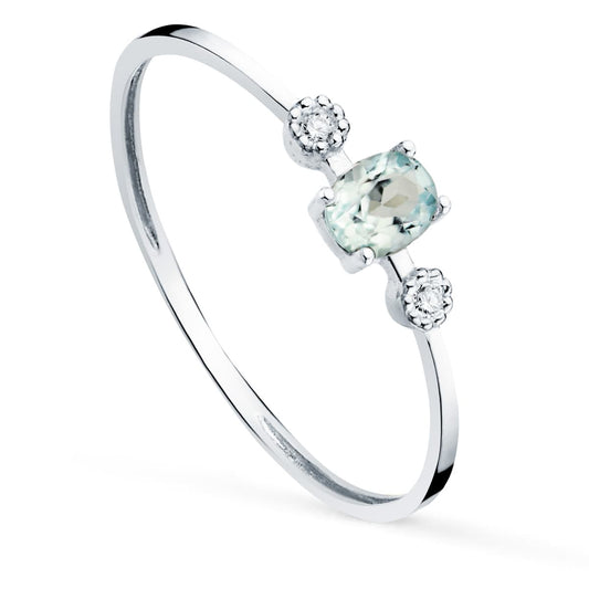 18K SORTIJA ORO BLANCO Y DIAMANTES 0,016 QTS. G-VS2 AGUAMARINA 4X3 MM CUERPO 1 MM