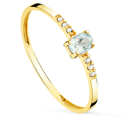 18K SORTIJA ORO AMARILLO DIAMANTES 0.030 QT OVAL AGUAMARINA NATURAL 4X3 MM CUERPO 1.30 MM