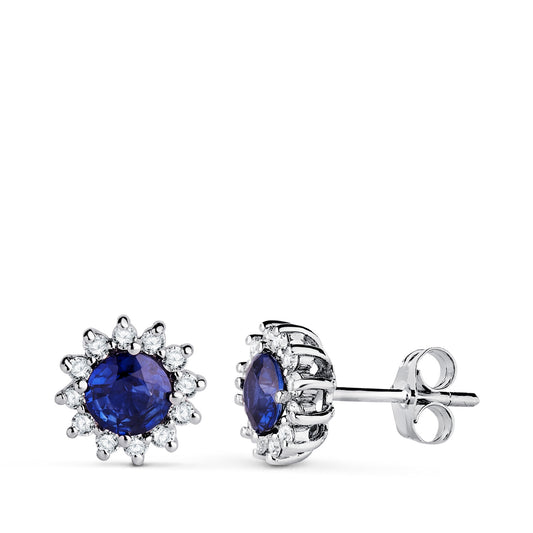 18K PENDIENTES ORO BLANCO ZAFIRO DIFUSION 5 MM 1,12 QT. 24 DIAMANTES LABORATORIO 0,340 QTS. VS2-G. 9 MM CIERRE PRESION