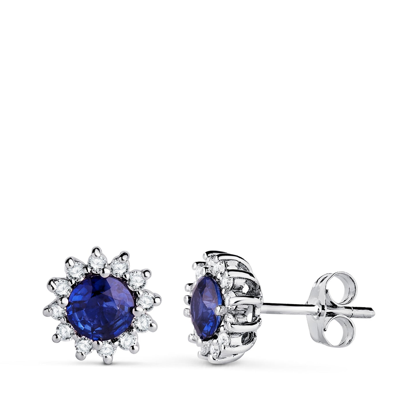 18K PENDIENTES ORO BLANCO ZAFIRO DIFUSION 5 MM 1,12 QT. 24 DIAMANTES LABORATORIO 0,340 QTS. VS2-G. 9 MM CIERRE PRESION