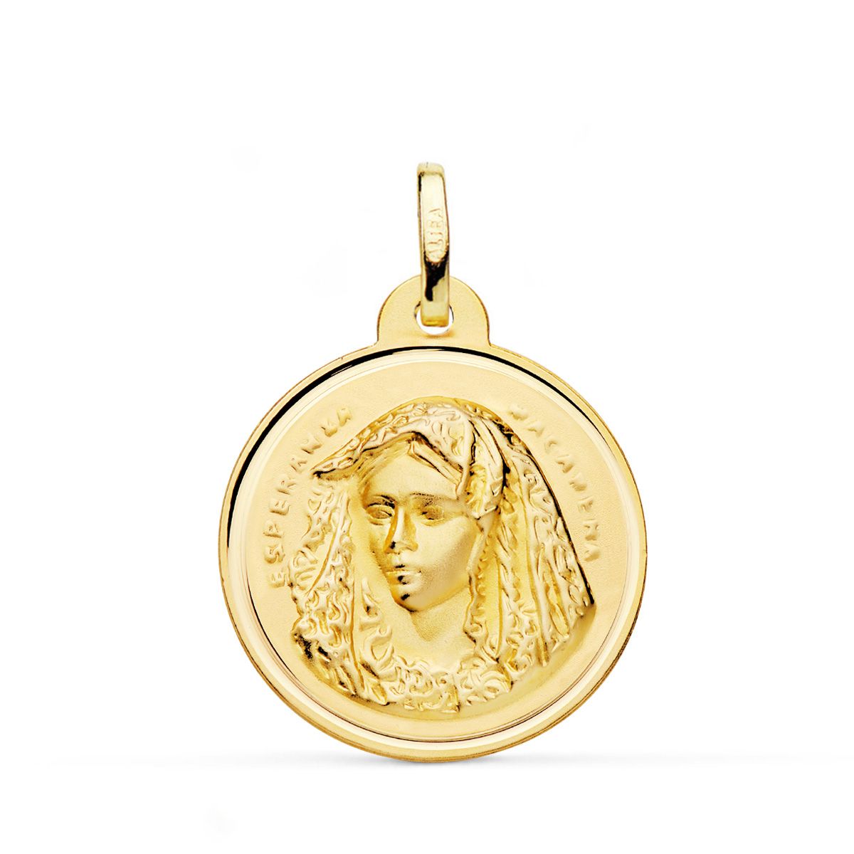 Medalla Virgen de la Macarena Bisel Matizada 24 mm de oro amarillo 18K