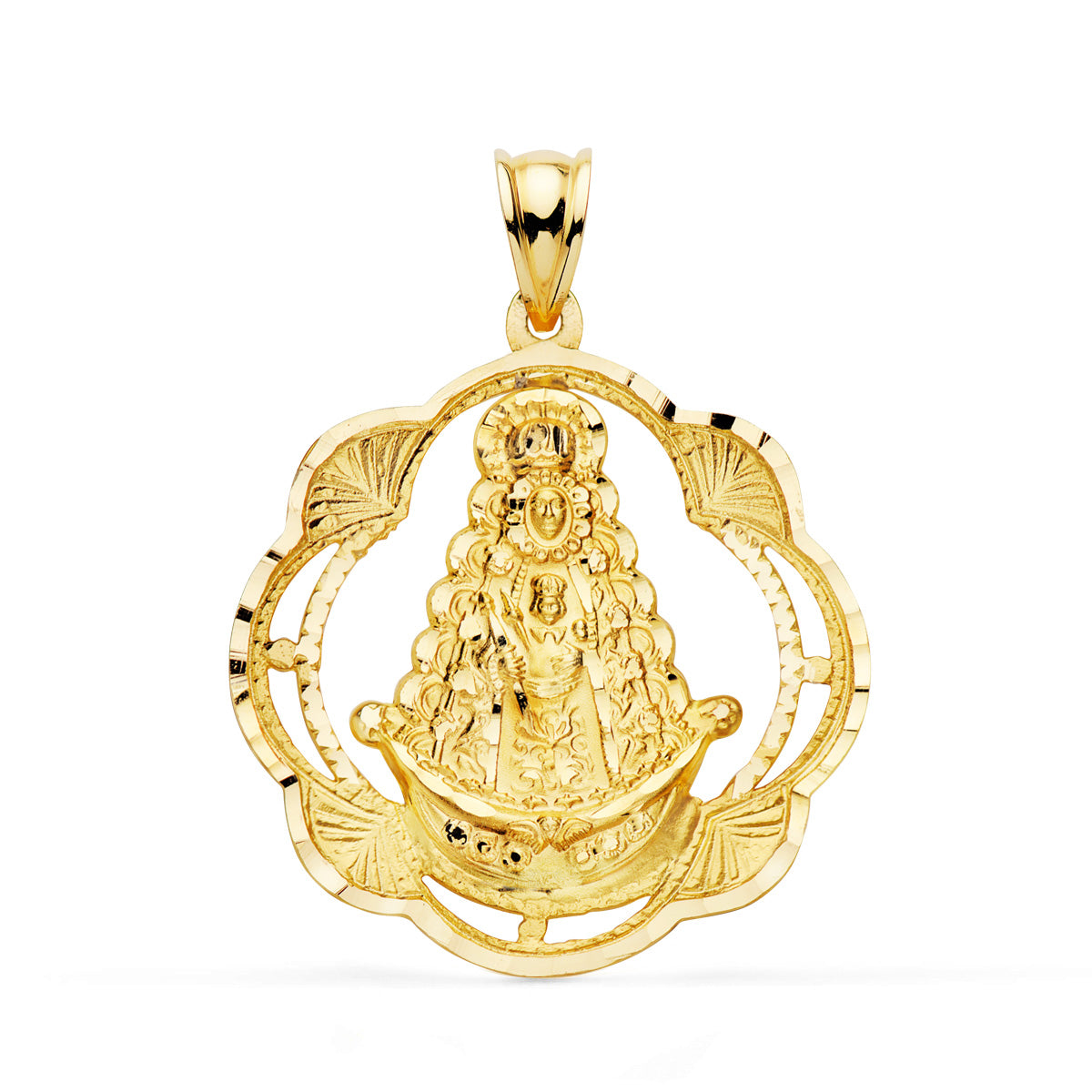 Medalla Virgen del Rocio Pandereta 31 x 28 mm de oro amarillo 18K