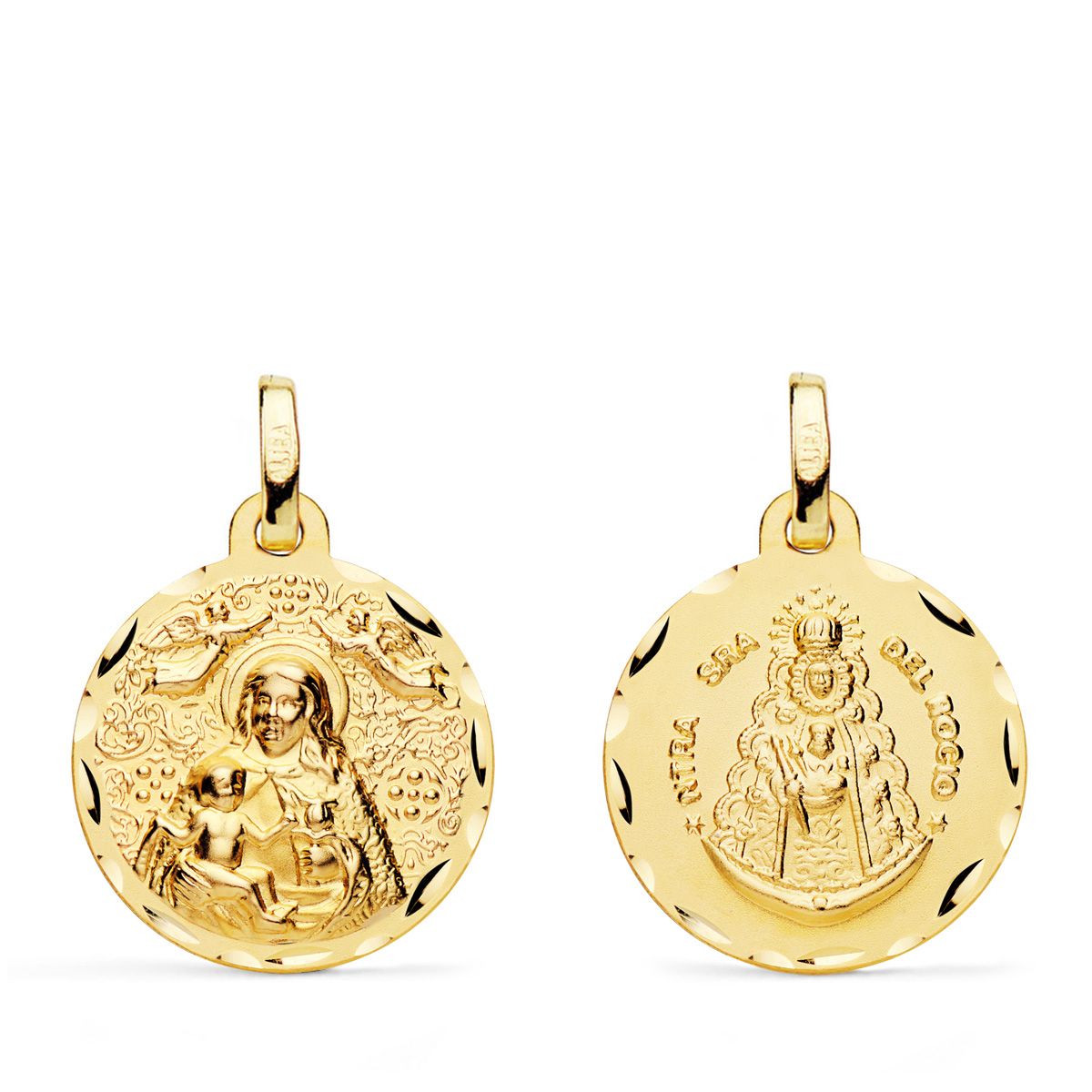 Medalla Escapulario Virgen de la Cinta y Virgen del Rocio 18 mm de oro amarillo 18K