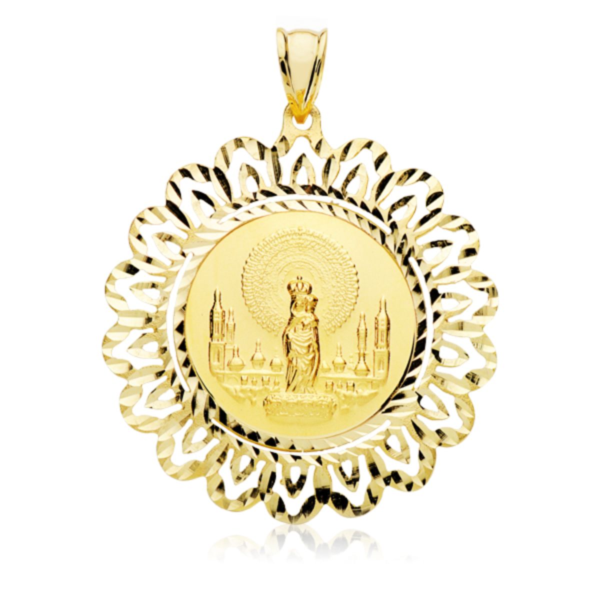 Medalla Virgen del Pilar Redonda 22 mm con Cerco Tallado 40 x 40 mm de oro amarillo 18K