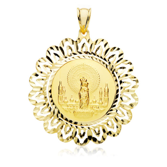 Medalla Virgen del Pilar Redonda 22 mm con Cerco Tallado 40 x 40 mm de oro amarillo 18K