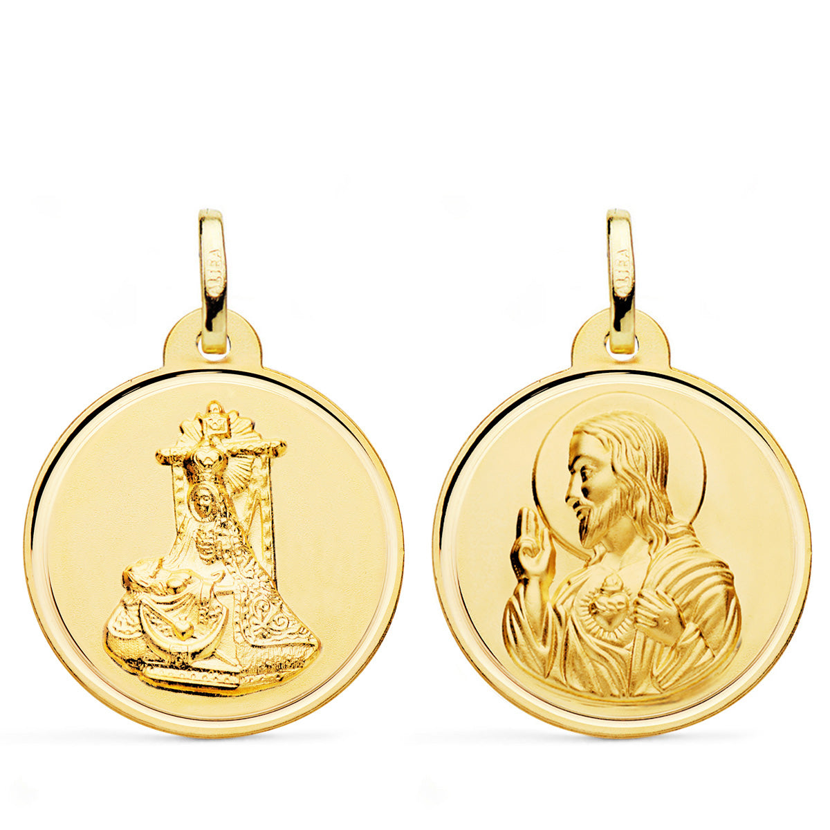Medalla Escapulario Virgen de Las Angustias y Corazon de Jesus Bisel 24 mm de oro amarillo 18K