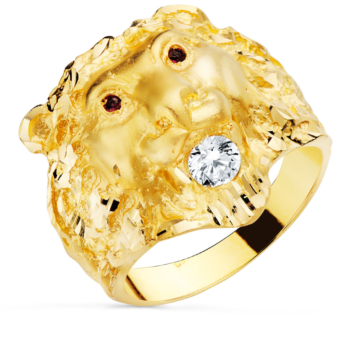 Sello Cabeza de Leon con Circonita y Ojos Rubí Ancho 23 mm de oro amarillo 18K